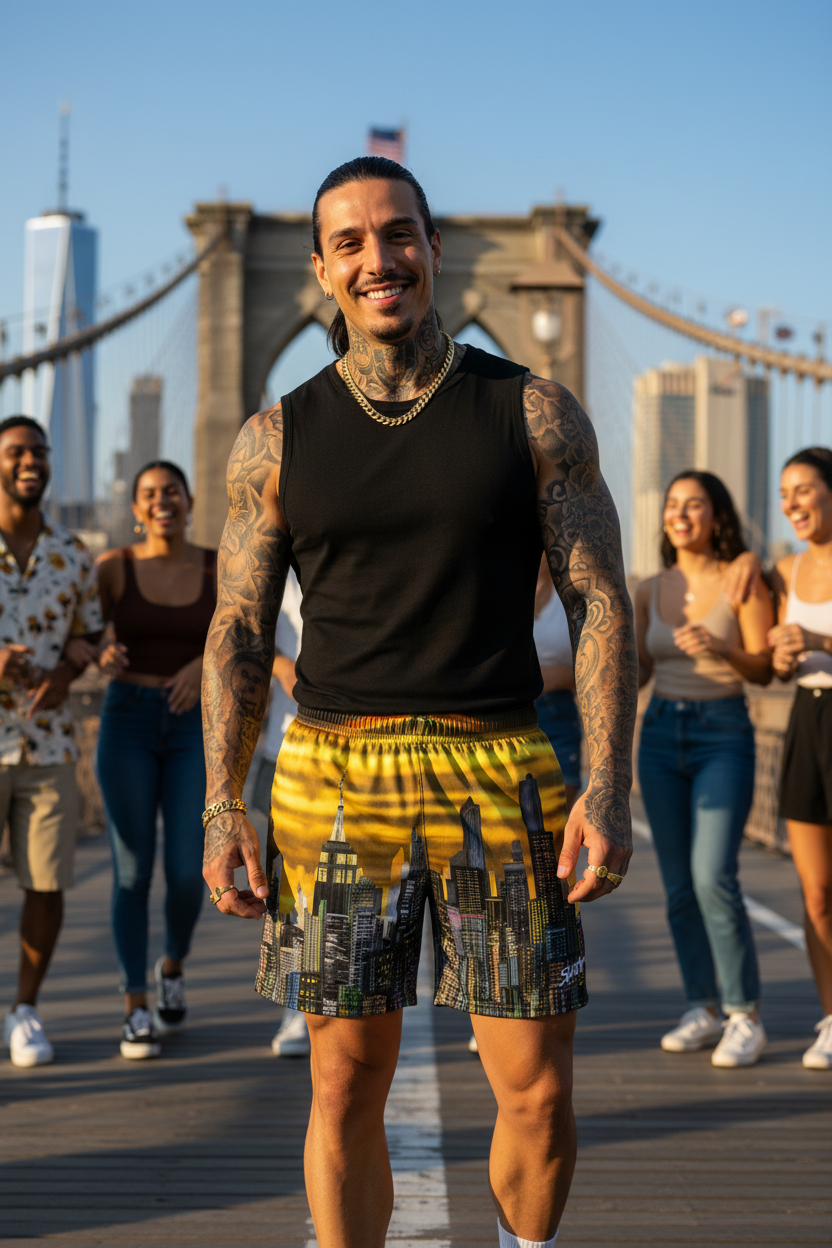 Man in black sleeveless shirt and Loria NYC Art shorts standing on a bridge with a city skyline in the background