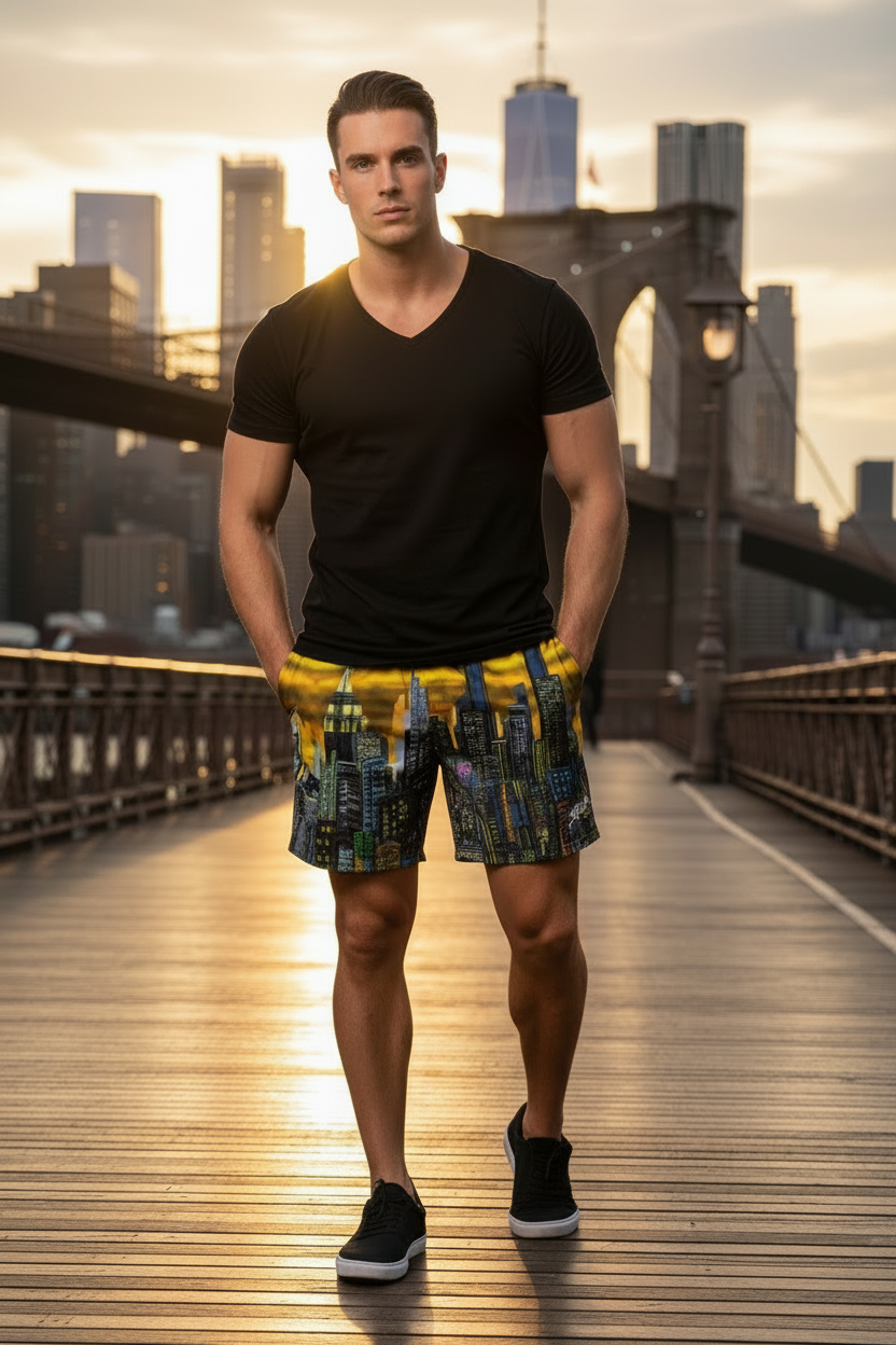 Man wearing a black t-shirt and patterned Loria NYC Art shorts standing on a bridge with city skyline in the background