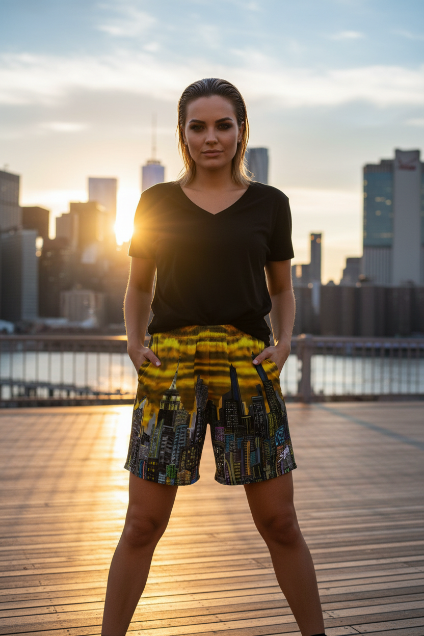 Woman wearing Loria NYC Art shorts standing on a rooftop with city skyline in the background during sunset.