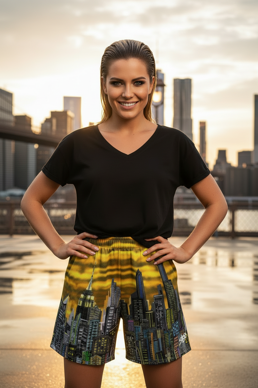 Woman wearing a black top and Loria NYC Art cityscape shorts with a city skyline in the background