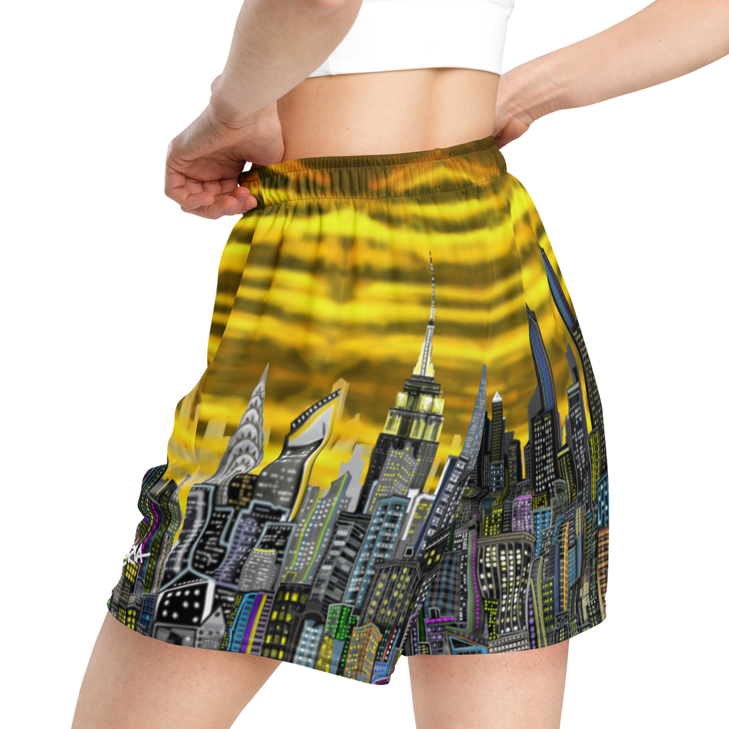 Shorts with cityscape Loria NYC Art design on a white background