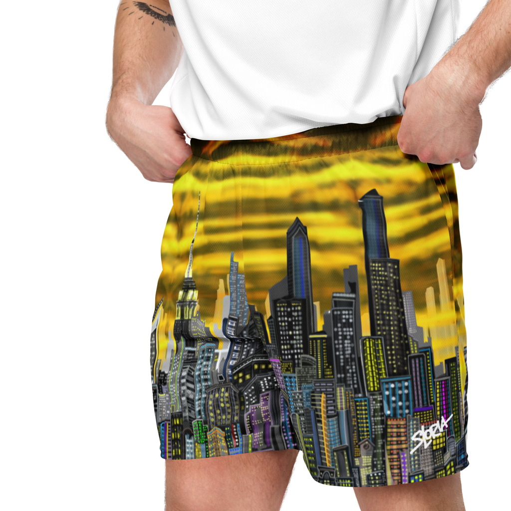 Shorts with cityscape Loria NYC Art design on a white background