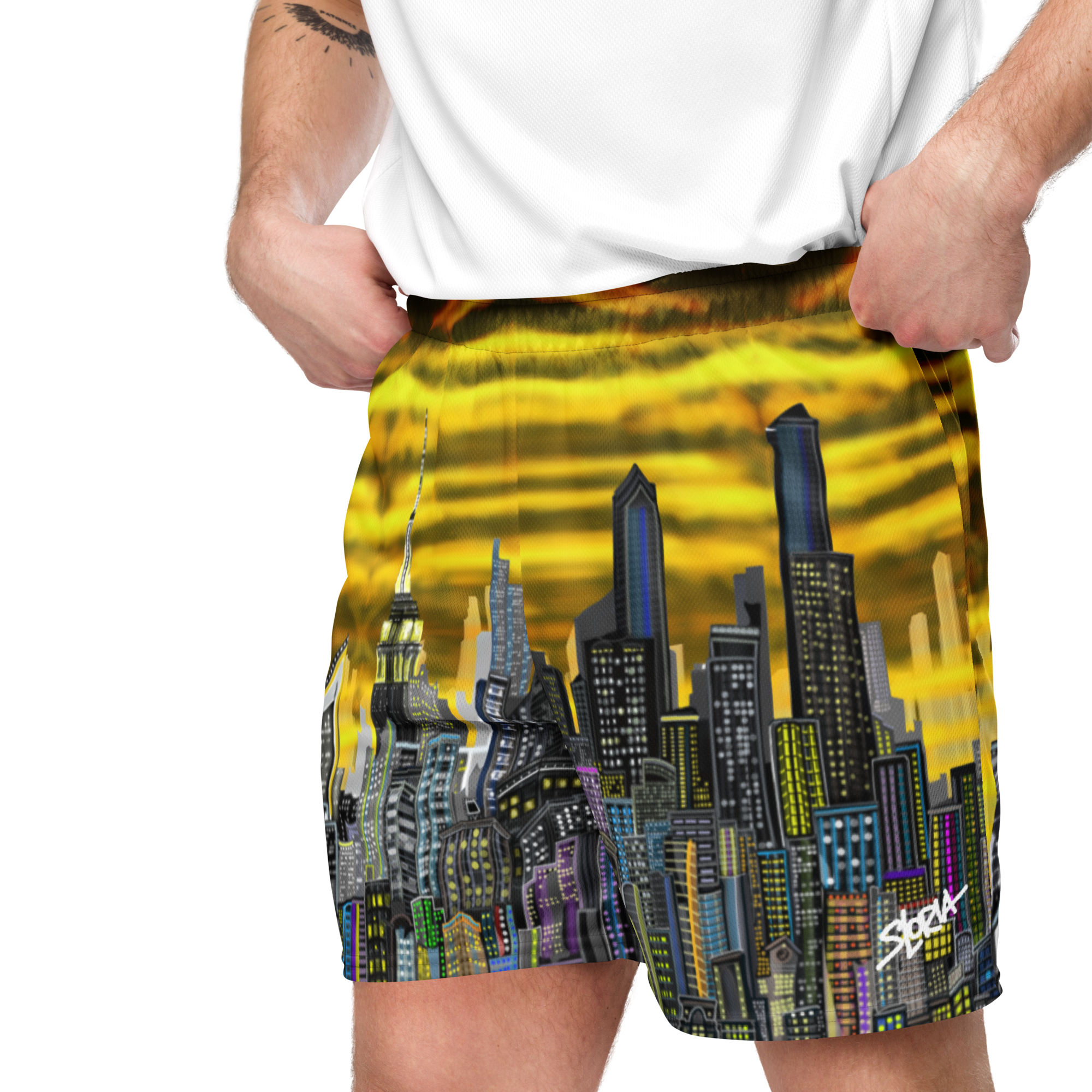 Shorts with cityscape Loria NYC Art design on a white background