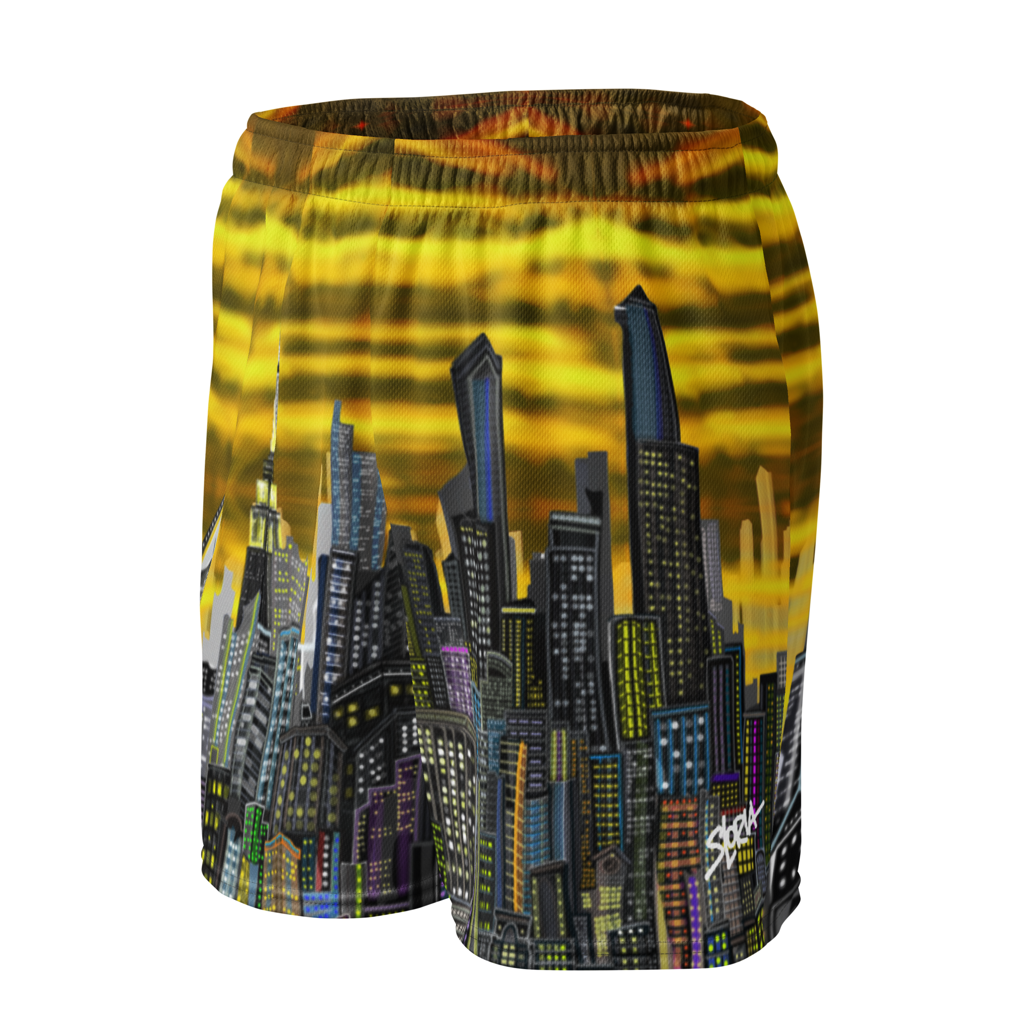 Shorts with a cityscape Loria NYC Art design on a white background