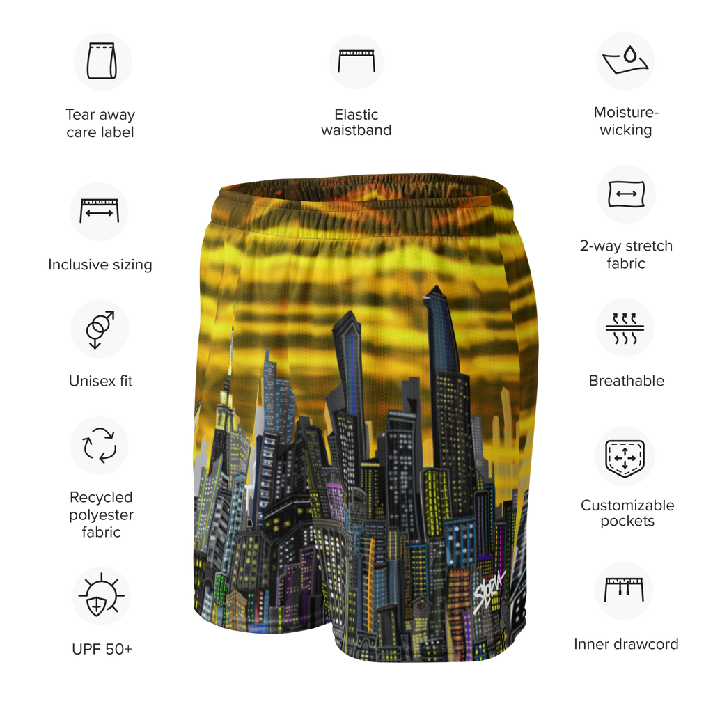 Cityscape Loria NYC Art shorts with features listed on a white background