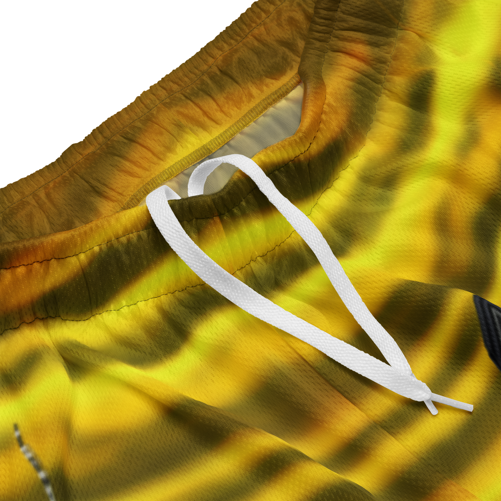 Close-up of a yellow tie-dye Loria NYC Art shorts with a white drawstring.