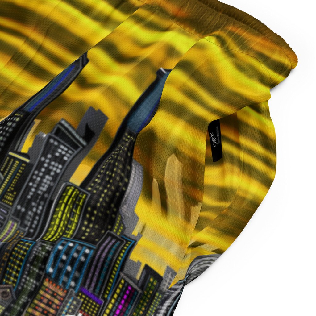 Shorts with a cityscape Loria NYC Art design on a yellow background
