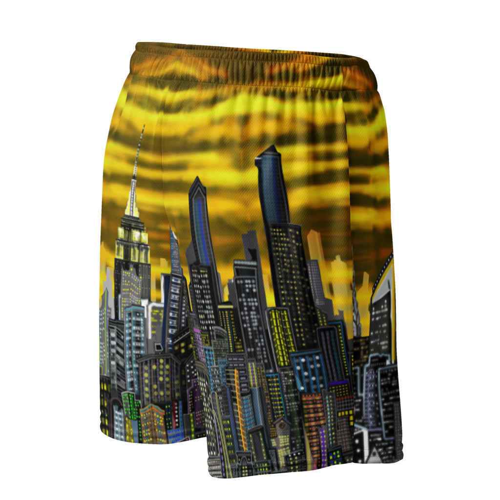 Shorts with cityscape Loria NYC Art design featuring tall buildings against a yellow sky.
