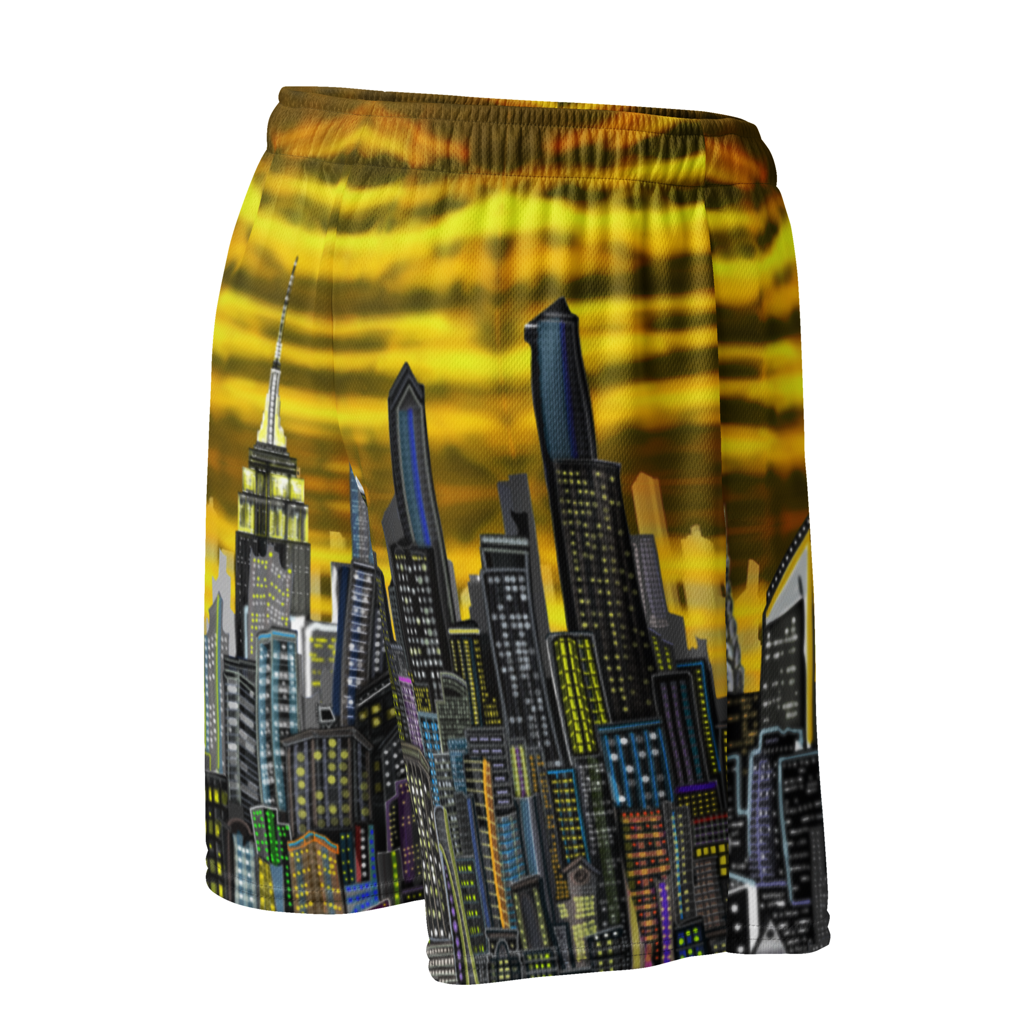 Shorts with cityscape Loria NYC Art design featuring tall buildings against a yellow sky.