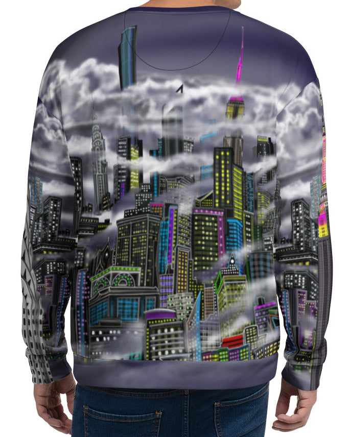 Person wearing a sweater with a cityscape Loria NYC Art design on the back