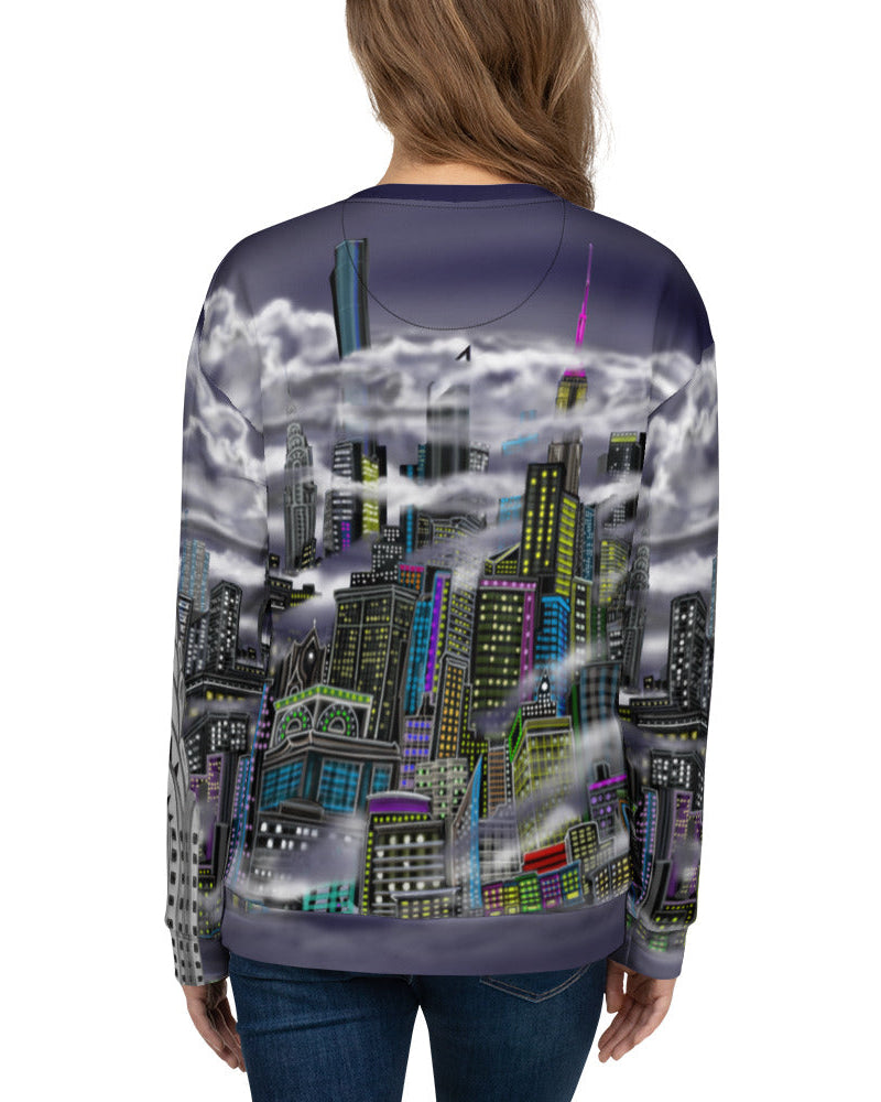 Back of Person wearing a sweater designed by Loria NYC Art with a cityscape design on a white background