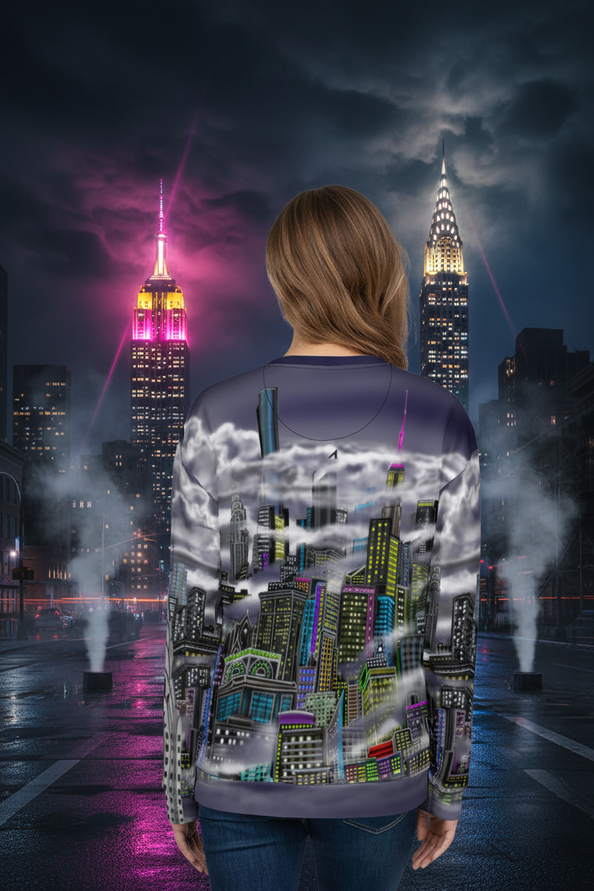 Person wearing a Loria NYC Art cityscape sweater with a city skyline in the background