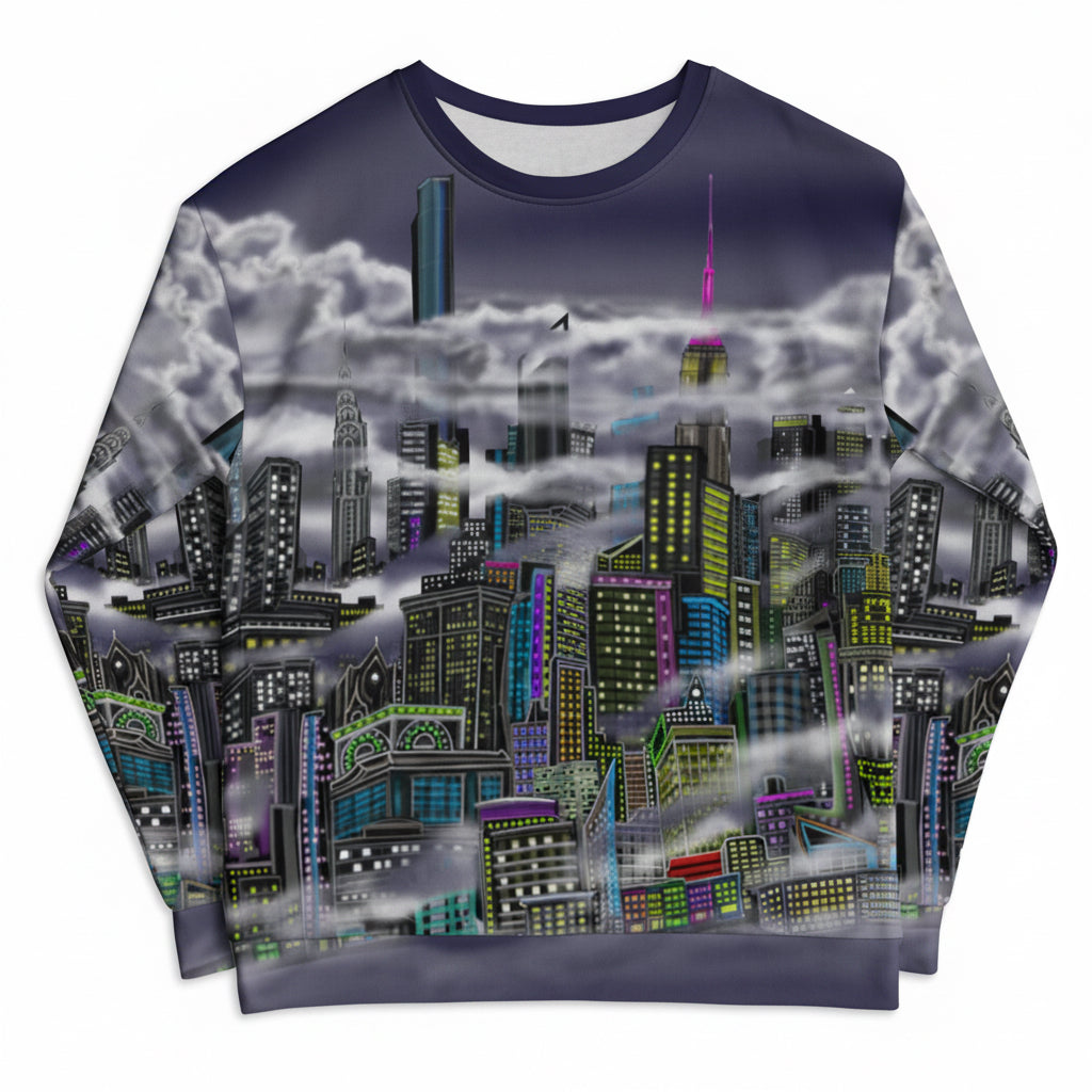 Sweatshirt with cityscape Loria NYC Art design on a white surface.
