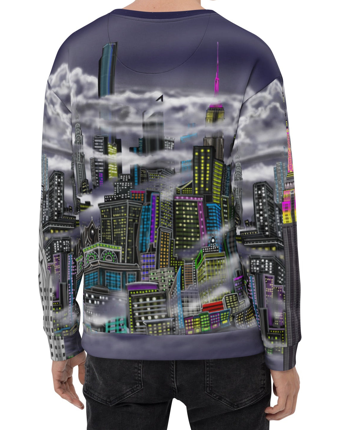 Back of Person wearing a sweater designed by Loria NYC Art with a cityscape design.