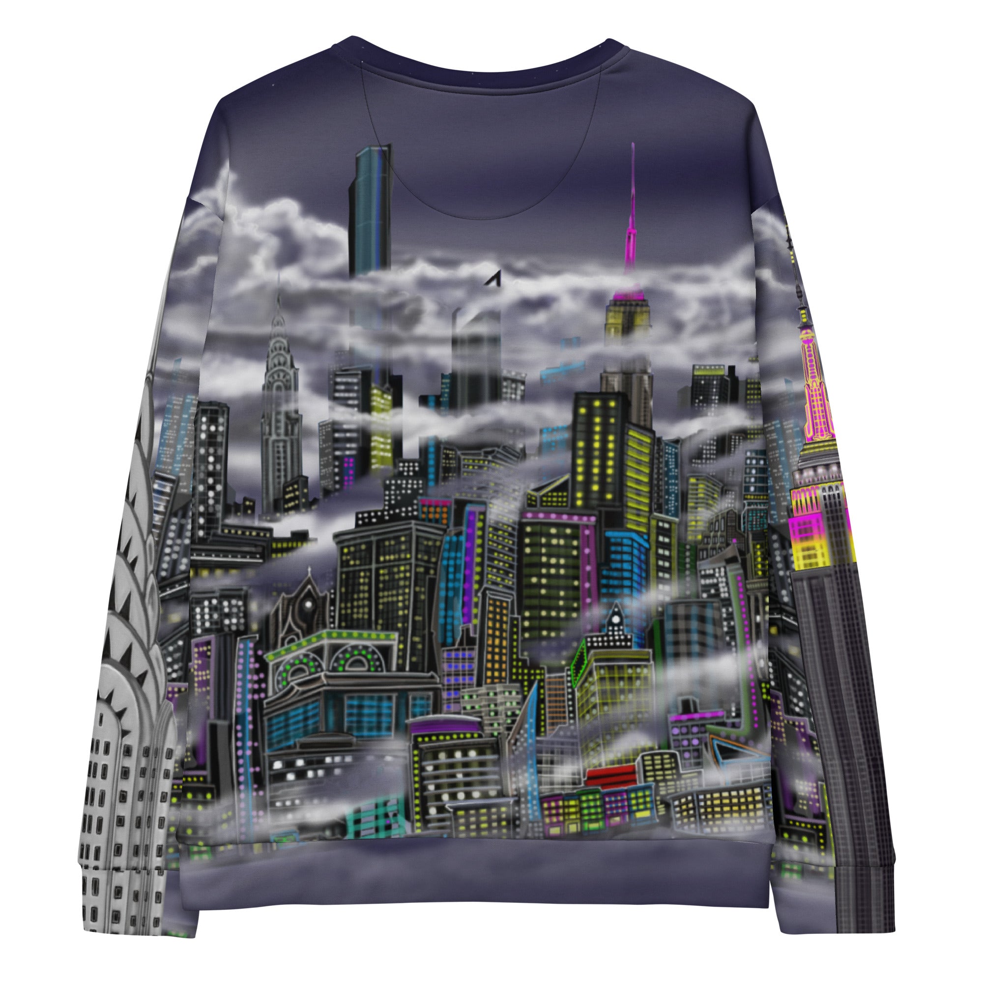 Back of sweatshirt designed by Loria NYC Art with a cityscape design on a white background