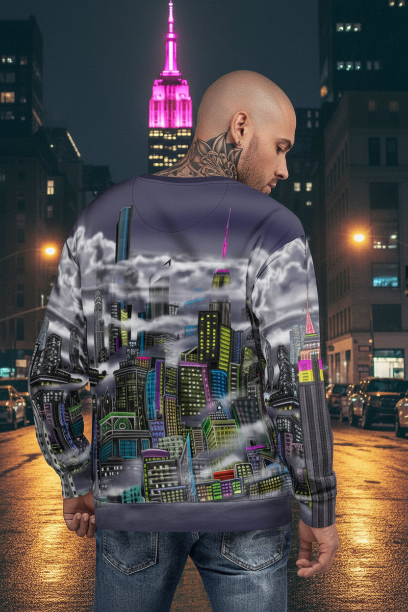 Person wearing a sweater designed by Loria NYC Art with a cityscape design on a night urban background