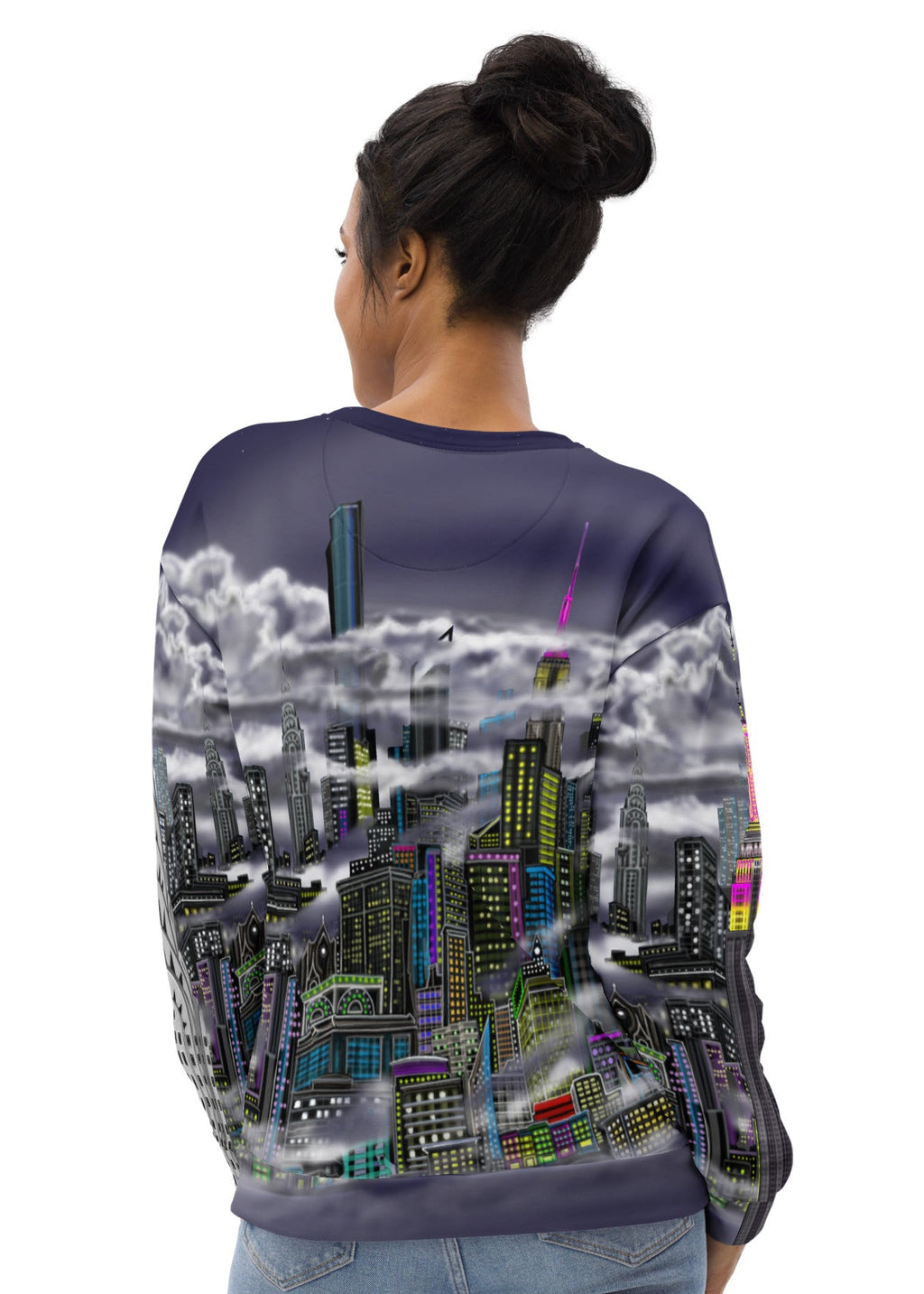 Back of Girl wearing sweatshirt designed by Loria NYC Art with a cityscape design on a urban background