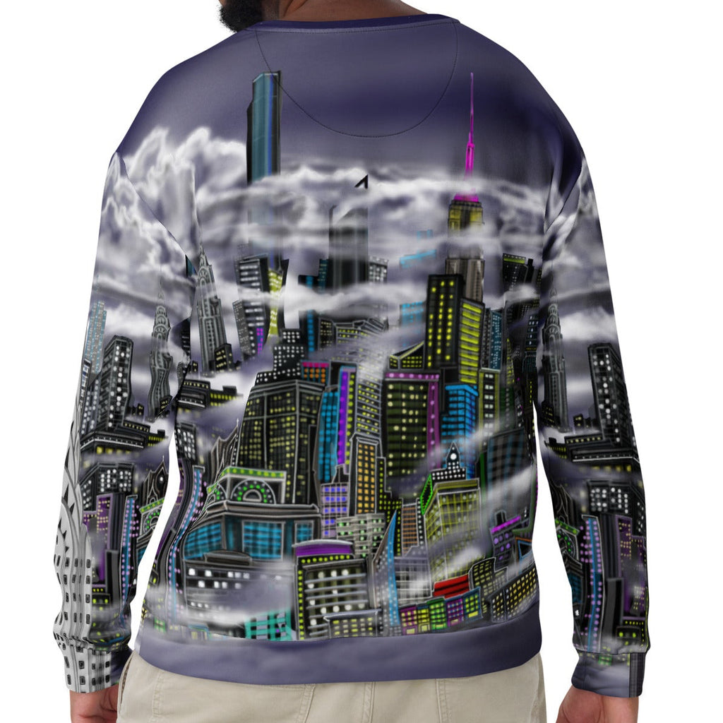 Man wearing a sweater with a cityscape Loria NYC Art design on a white background