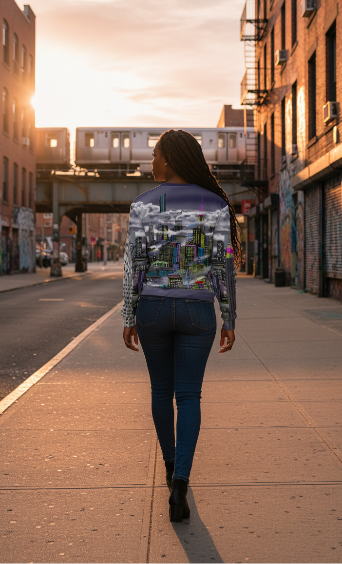 Woman wearing sweatshirt designed by Loria NYC Art with a cityscape design on a city street with a sunset and urban architecture