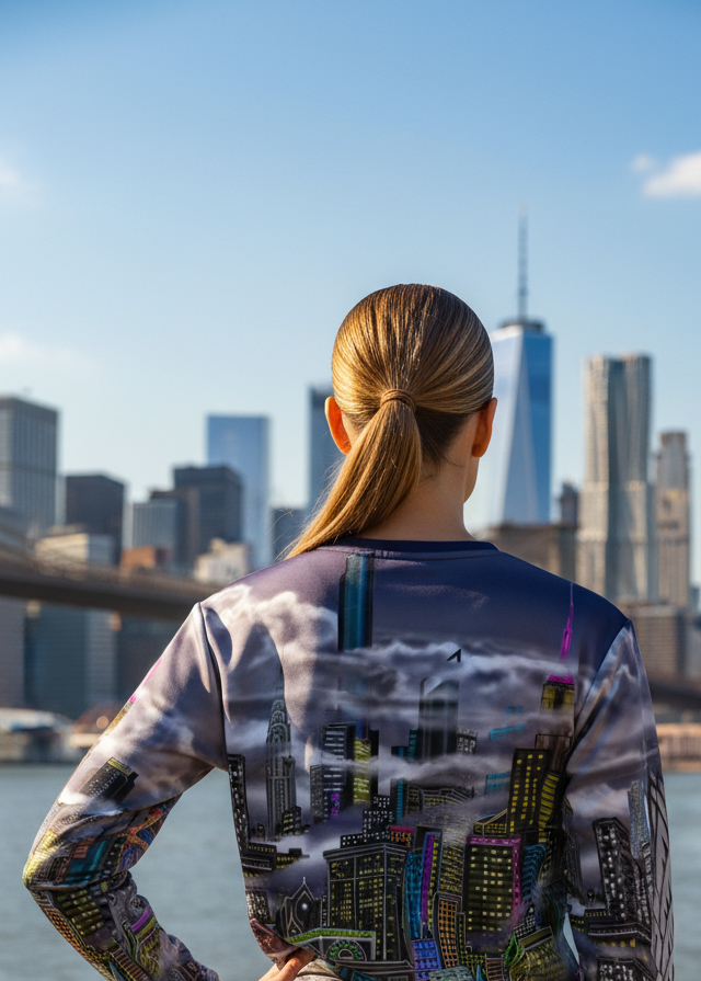 Person wearing a colorful Loria NYC Art cityscape sweatshirt with a city skyline in the background