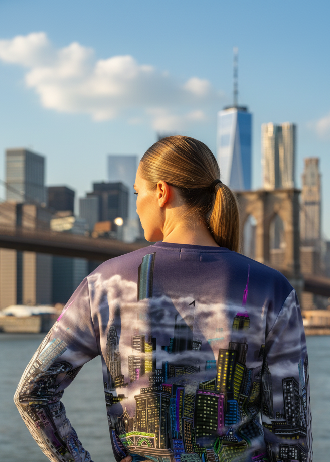 Person wearing a cityscape Loria NYC Art printed shirt with a skyline and bridge in the background