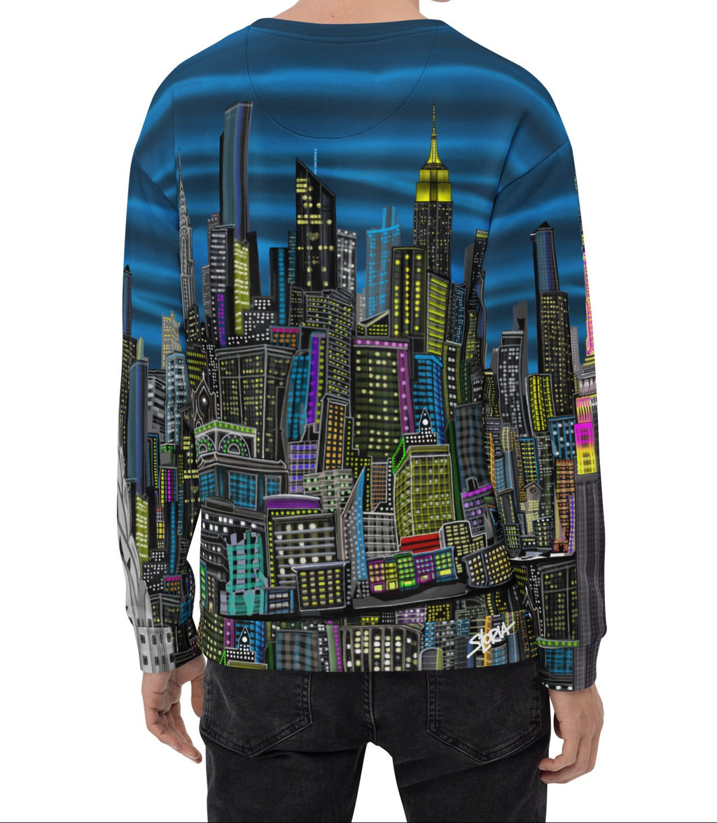 Man wearing a colorful cityscape sweatshirt designed by Loria NYC Art On a white backround