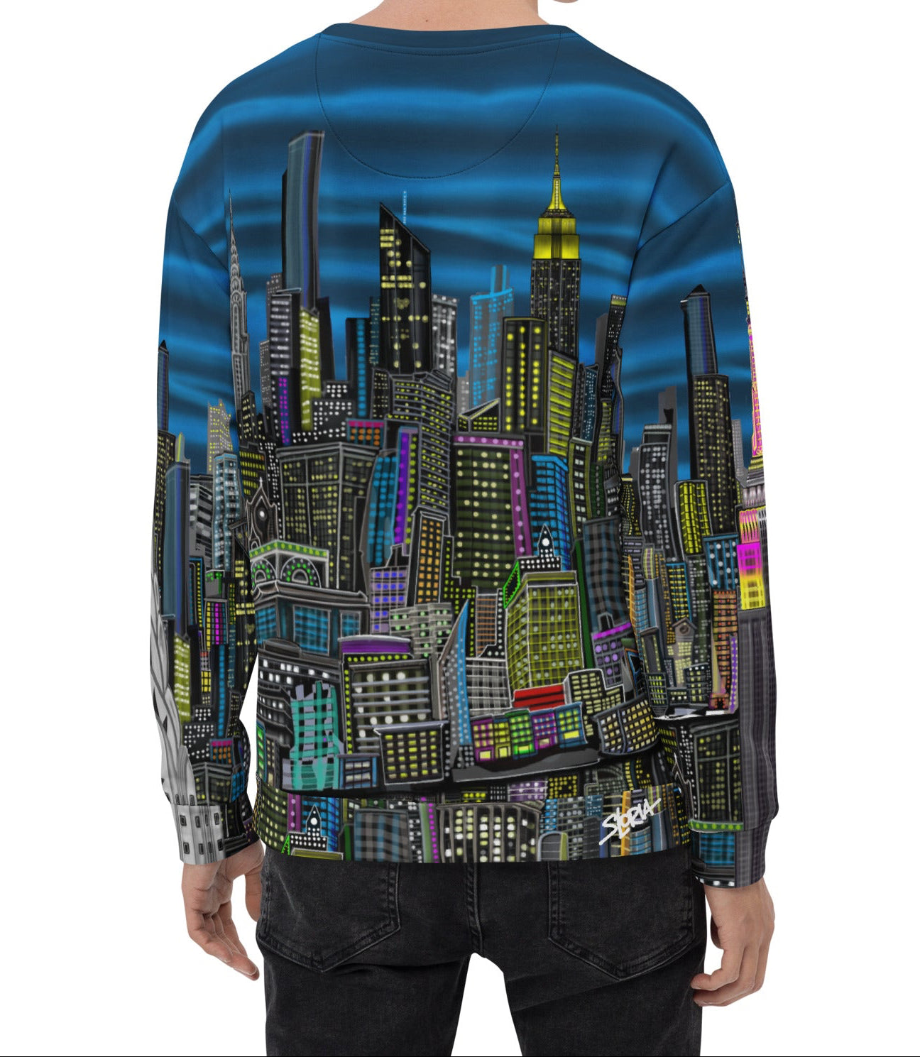 Man wearing a colorful cityscape sweatshirt designed by Loria NYC Art On a white backround