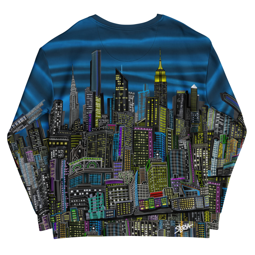 Colorful cityscape sweatshirt designed by Loria NYC Art on a white backround