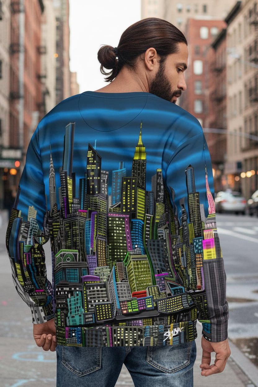 Back of Man wearing a Colorful cityscape sweatshirt designed by Loria NYC Art on a white backround
