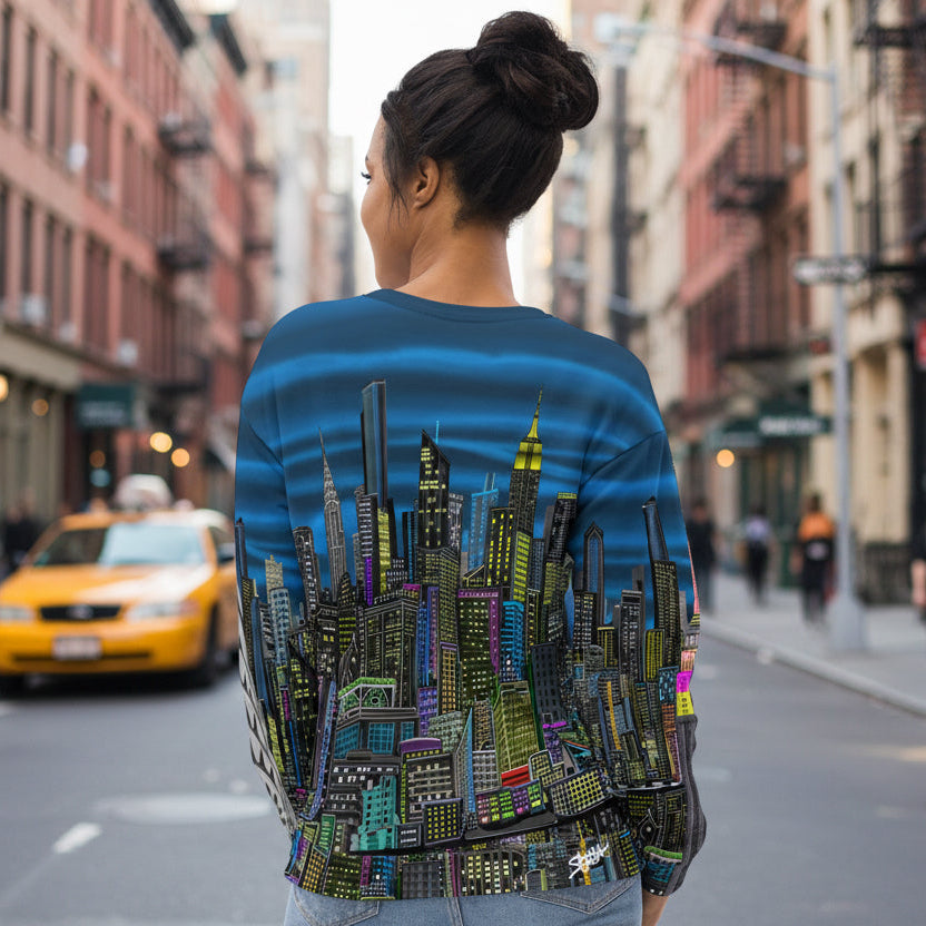 Back of Colorful cityscape sweatshirt designed by Loria NYC Art on a urban backround