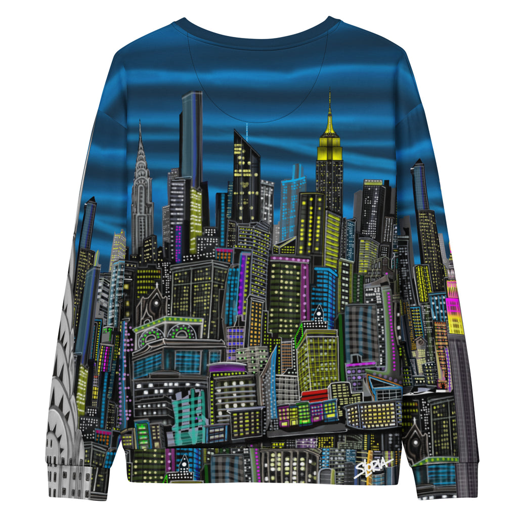 Back of Colorful cityscape sweatshirt designed by Loria NYC Art on a white backround
