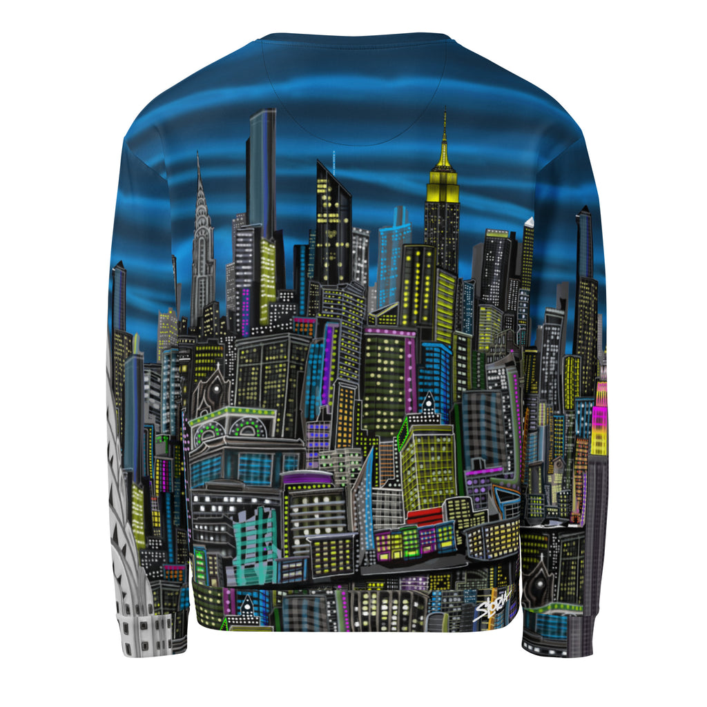 Colorful cityscape sweatshirt designed by Loria NYC Art on a white backround