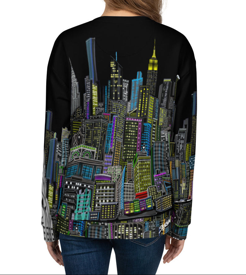 Back of a Girl wearing a black sweatshirt with a colorful cityscape design by Loria NYC Art on a white background
