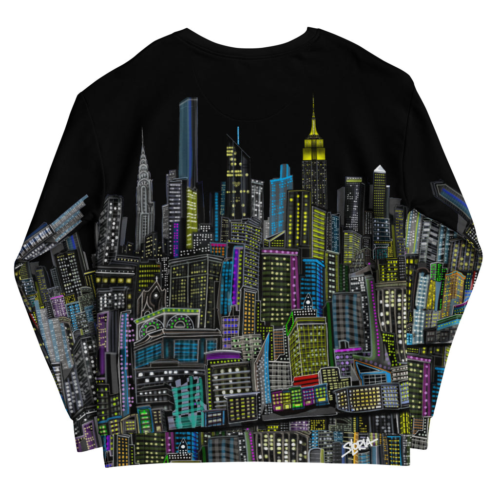 Rearview of Black sweatshirt with colorful cityscape design by Loria NYC Art on a white background