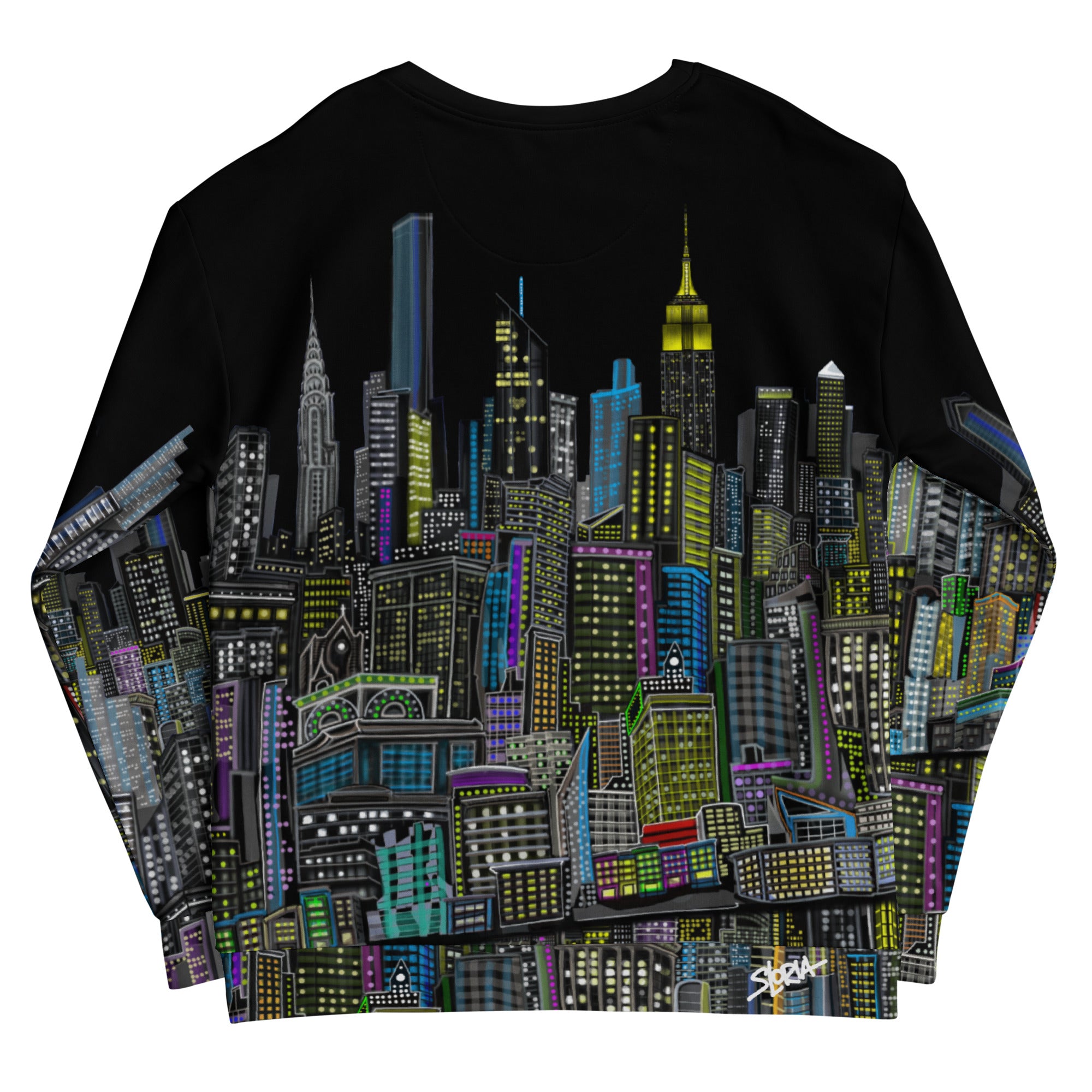 Rearview of Black sweatshirt with colorful cityscape design by Loria NYC Art on a white background