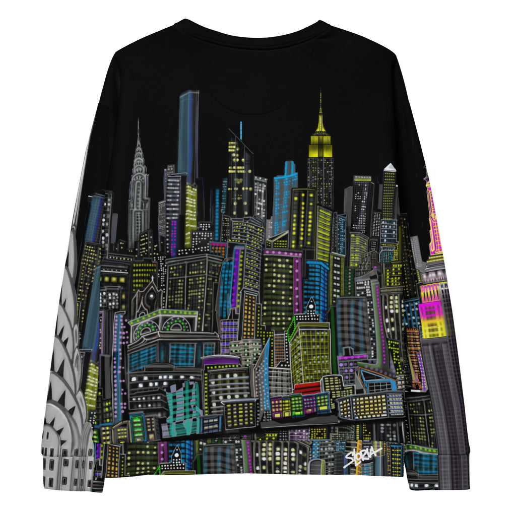 Front view of Black sweatshirt with colorful cityscape design by Loria NYC Art on a white background