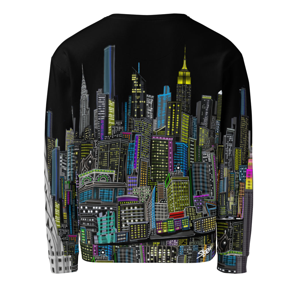 Back of Black sweatshirt with colorful cityscape design by Loria NYC Art on a white background