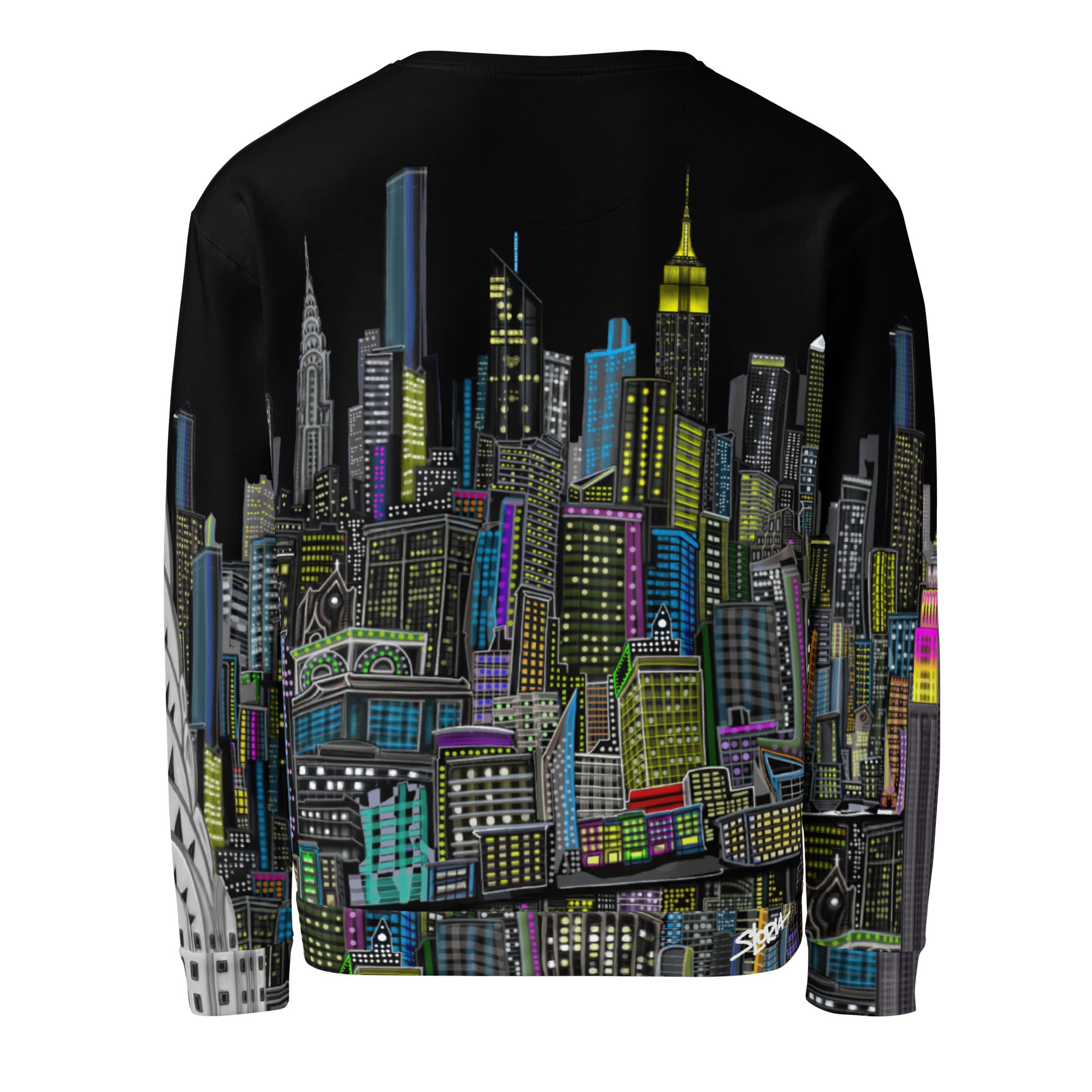 Back of Black sweatshirt with colorful cityscape design by Loria NYC Art on a white background