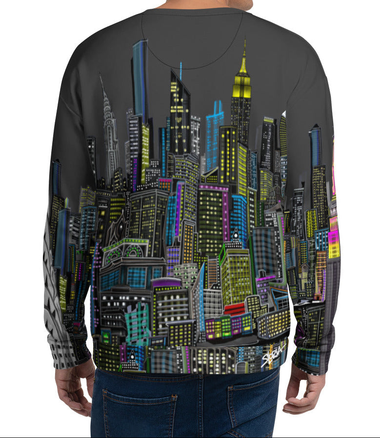 Back of Sweatshirt with a charcoal grey sky colorful cityscape design by Loria NYC Art on a white background