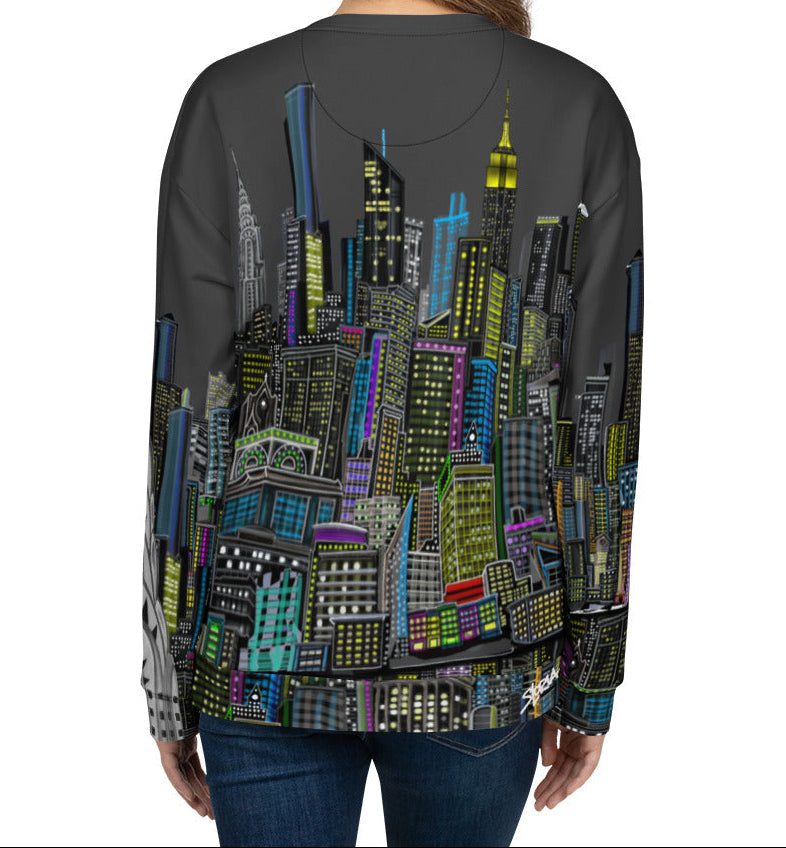 Female showing back of Sweatshirt with a charcoal grey sky colorful cityscape design by Loria NYC Art on a white background