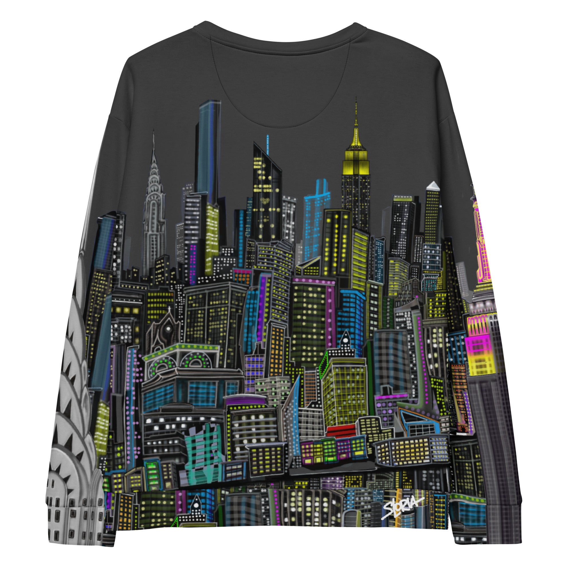 Back of Sweatshirt with sleeves with a charcoal grey sky colorful NY cityscape design by Loria NYC Art on a  white background