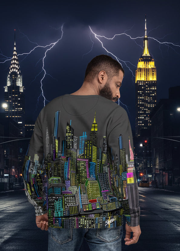 Female showing back side view  of Sweatshirt with a charcoal grey sky colorful cityscape design by Loria NYC Art 