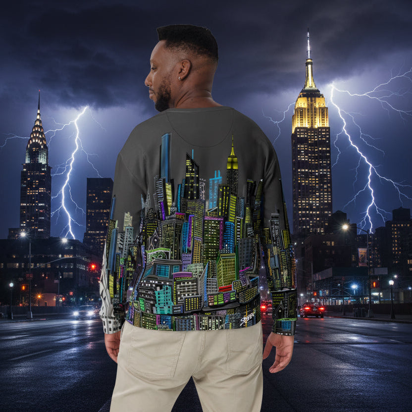 Back of Man wearing Sweatshirt with a charcoal grey sky colorful cityscape design by Loria NYC Art 