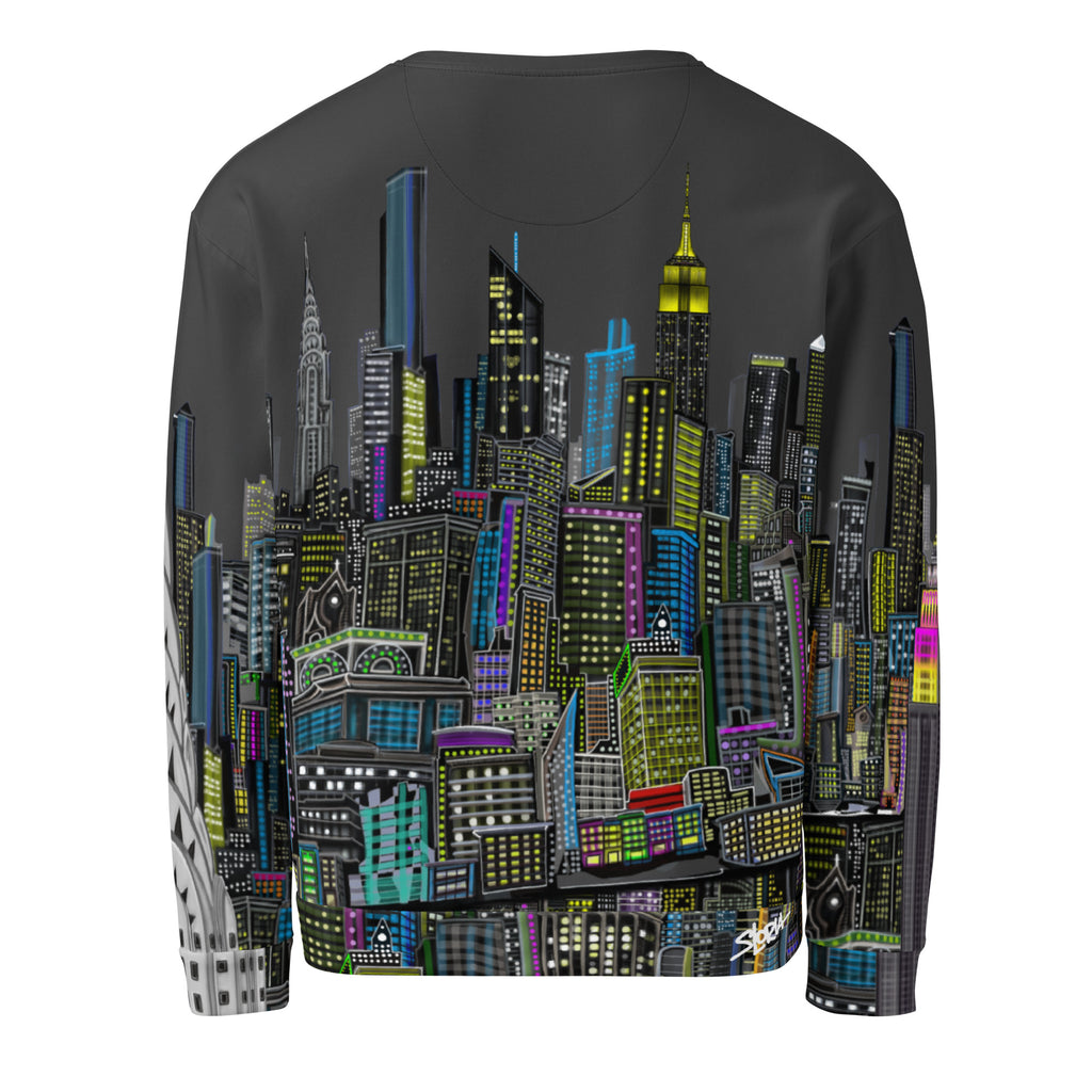 Back of Sweatshirt with a charcoal grey sky colorful NY cityscape design by Loria NYC Art on a  white background