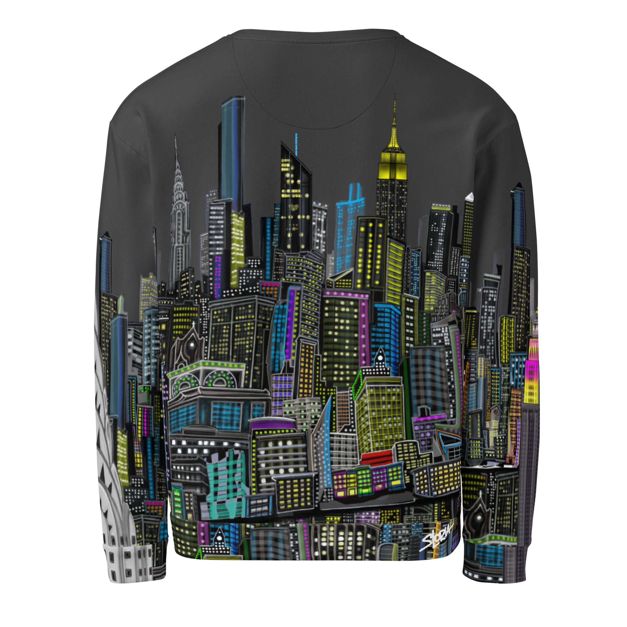 Back of Sweatshirt with a charcoal grey sky colorful NY cityscape design by Loria NYC Art on a  white background