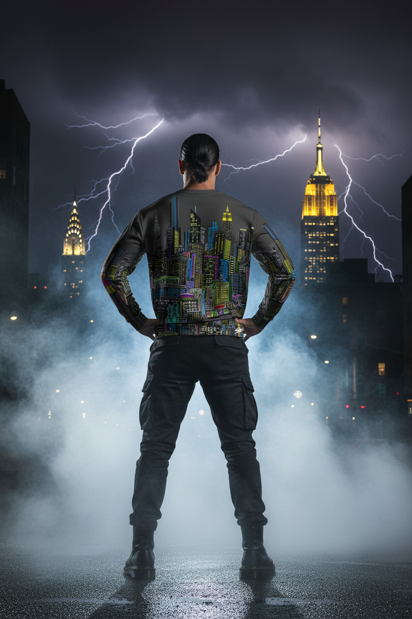 Person with a Loria NYC Art cityscape sweatshirt standing in front of a city skyline with lightning.
