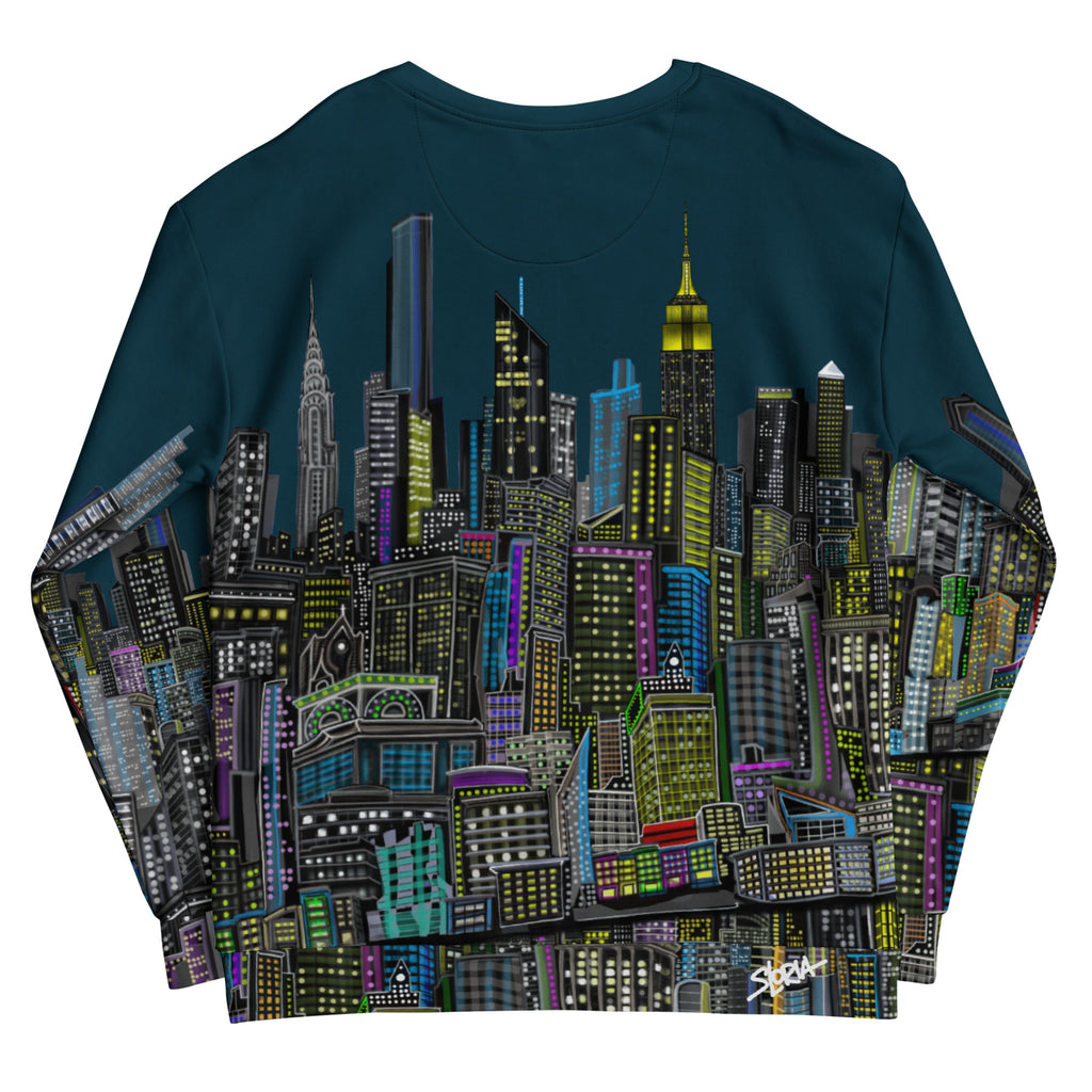Backview of long-sleeve shirt with a cityscape design by Loria NYC Art on a white background
