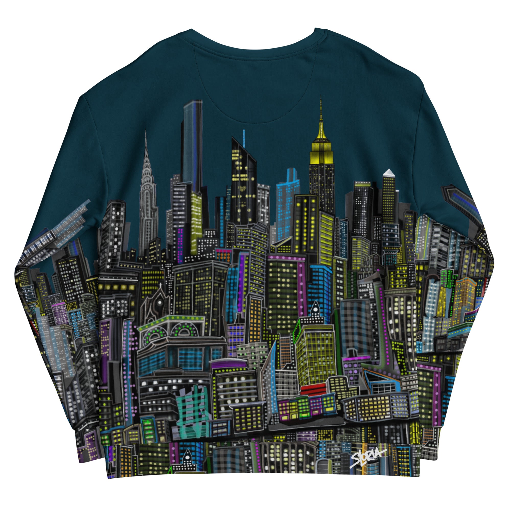 Backview of long-sleeve shirt with a cityscape design by Loria NYC Art on a white background