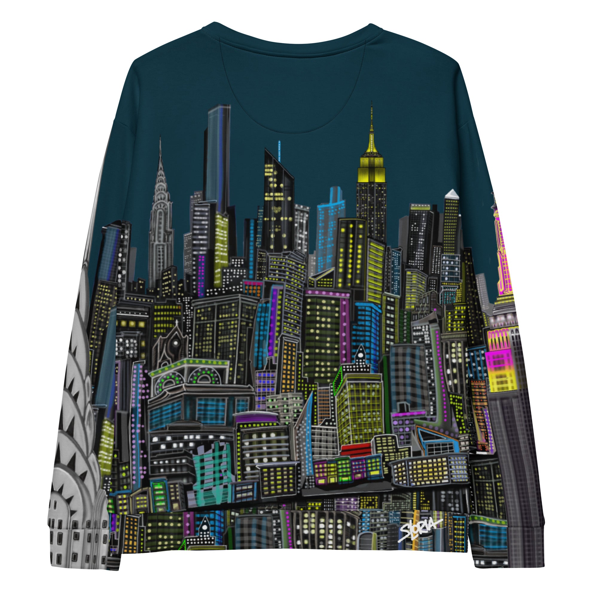 Back view of a long-sleeve shirt with a cityscape design by Loria NYC Art on a white background