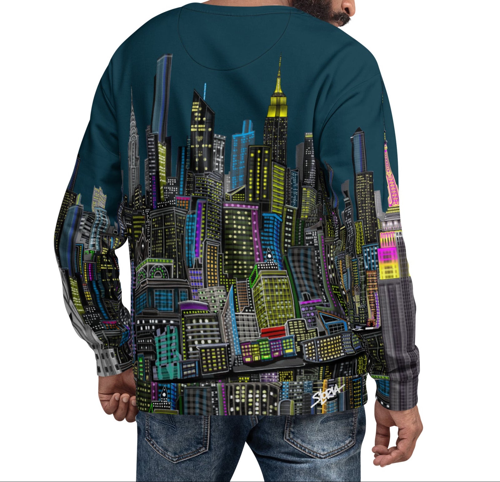 Back of Man wearing a sweatshirt with a colorful cityscape design by Loria NYC Art on the back.